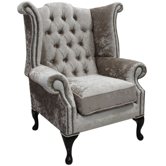 Chesterfield Queen Anne High Back Wing Chair Shimmer Mink Velvet