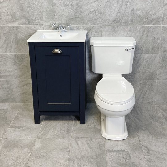 Hydros - Derby Traditional Indigo Oak Vanity Unit + Carlton Toilet Set Cloakroom Suite, Colour Matched Seat-With Tap & Waste-Chrome Flush