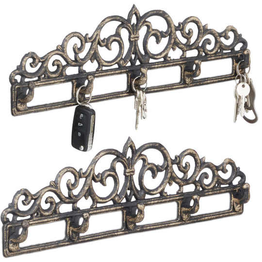 Relaxdays - Set of 2 Cast Iron Wall Coat Racks, 5 Hooks, Antique Cottage-Style, for Keys, HxWxD: 13.5 x 42 x 4 cm, Bronze