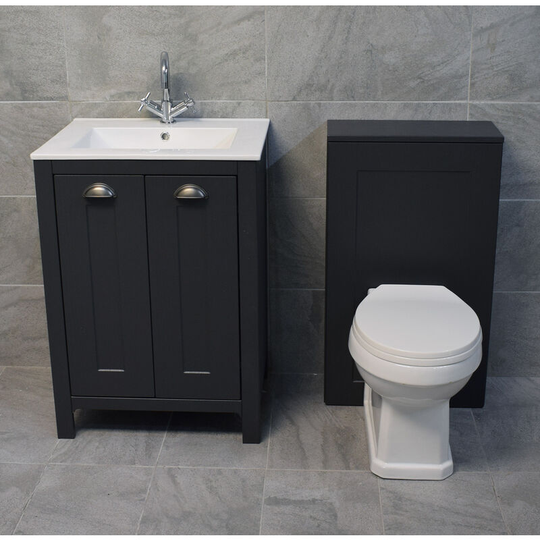 Derby Vanity Sink Basin Storage Unit + Toilet Bathroom Suite - Dark Grey, With Tap