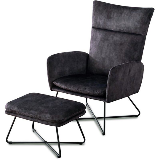 Ingrid Antique Velvet Occasional Large Lounge Accent Chair Living Room Armchair Charcoal with Footstool - Charcoal with Footstool