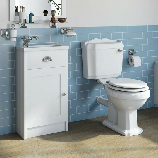 Orchard - Dulwich matt white cloakroom unit and traditional close coupled toilet with white wooden seat - White