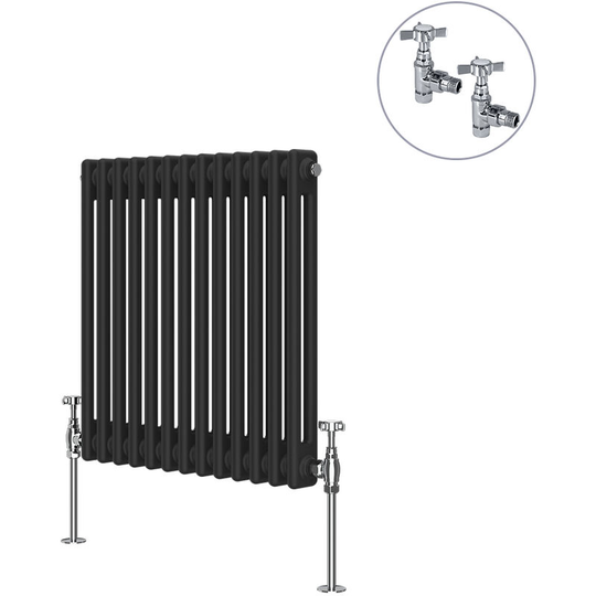 Traditional Rad Cast Iron Style Radiator Black + Chrome Angled Traditional Radiator Manual Valves 600x605mm Horizontal Double Column