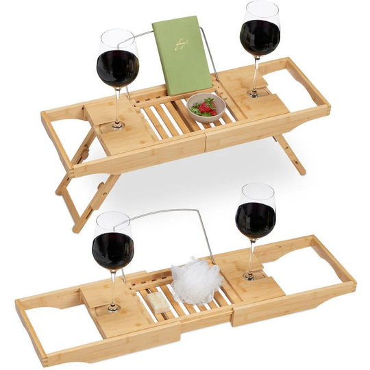 Bathtub Tray, Bamboo, Extendable from 70-108 cm, Caddy with Legs, Book Support & Wine Glass Holders, Natural - Relaxdays