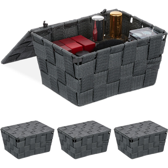 Set of 4 Relaxdays Lidded Storage Baskets with Lid, Bathroom Storage, pp, HxWxD: 10.5 x 19.5 x 14.5 cm, Grey