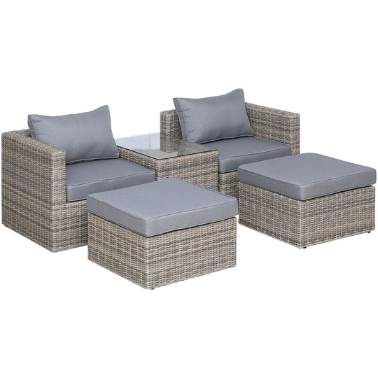 Outsunny 5 Pcs Rattan Garden Furniture Set Single Sofa Stool Coffee Table - Brown