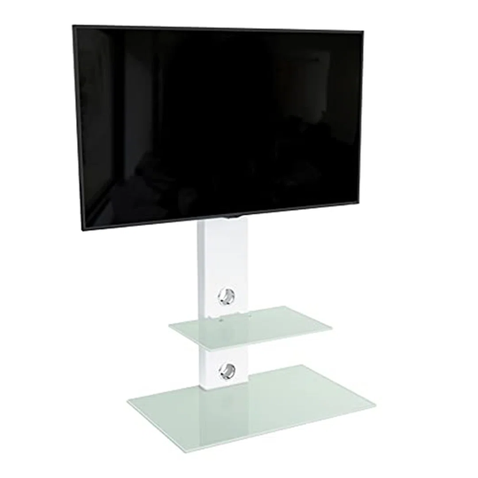 Universal TV Floor Stand, White Column And Aqua Glass Shelf And Base, For LED, LCD Tvs 32" 37" 40" 42" 45" 47" 50" 55" 60" 65", VESA Compatible To 600