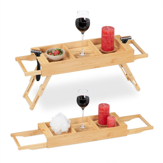 Bathtub Tray, Bamboo, Extendable from 67.5-101 cm, Caddy with Legs, 3 Compartments & 2 Razor Holders, Natural - Relaxdays