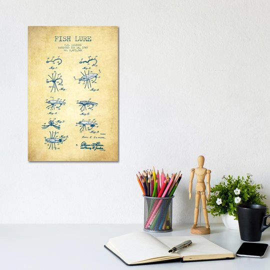 B.E. Gilmore Fishing Lure Patent Sketch (Vintage) by Aged Pixel - Wrapped Canvas Art Prints