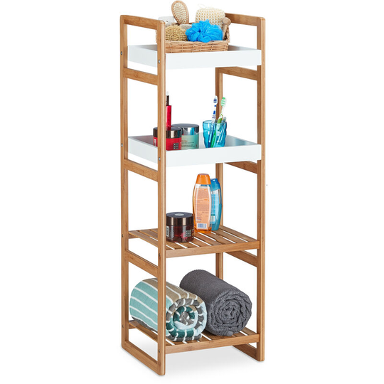 Freestanding Bath Rack with 4 Shelves, Open Bamboo Kitchen Shelf; Bathroom Storage Unit hwd: 110 x 36 x 33 cm, Wood Look, White - Relaxdays