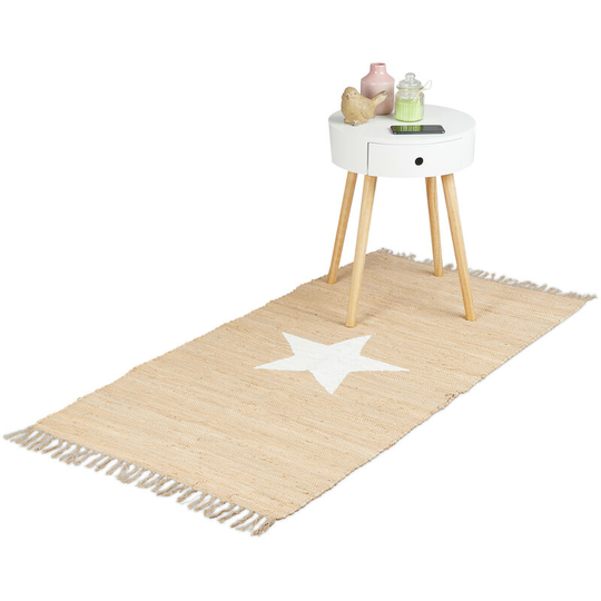 Rug Rag 70 x 140 cm with Star Motif made of 100% Cotton, with Fringes, Hallway Mat, Beige - Relaxdays