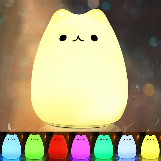 Portable led Kids Nightlight Kids Multicolor Silicone Cat Lamp, Warm White and 7 Breathing Colors, Faucet Control Sensitive usb Rechargeable Lighting