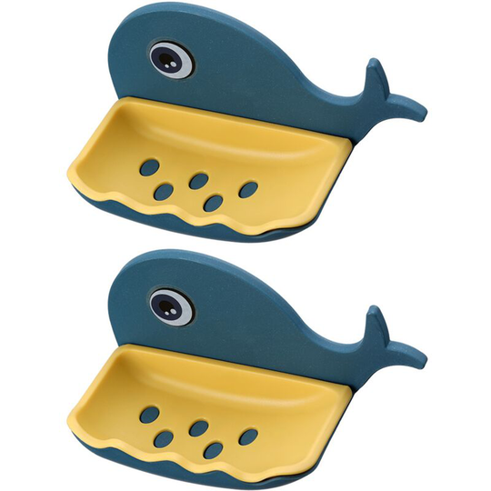 Whale Shape Non-Punched Soap Holder, Drain Soap Dish Toilet Soap Holder Wall-Mounted Shelf Soap -NavyBlue+Yellow