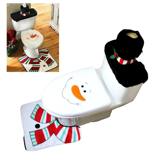 3 Piece Snowman Santa Claus Toilet Seat Cover and Mat Set Red Christmas Decorations Bathroom