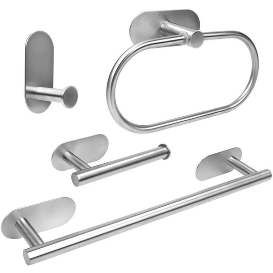 Set of 4 Bathroom Sets No Hole Silver Wall Mounted, Robe Hook, Wall Mounted Toilet Paper Holder, Towel Ring, 16'' Towel Rack, Bathroom Accessories,