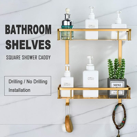 No Drilling Shower Shelf, Square Bathroom Shelf Wall Shelf for Bathroom Storage Small Shower Wall Basket with Hooks