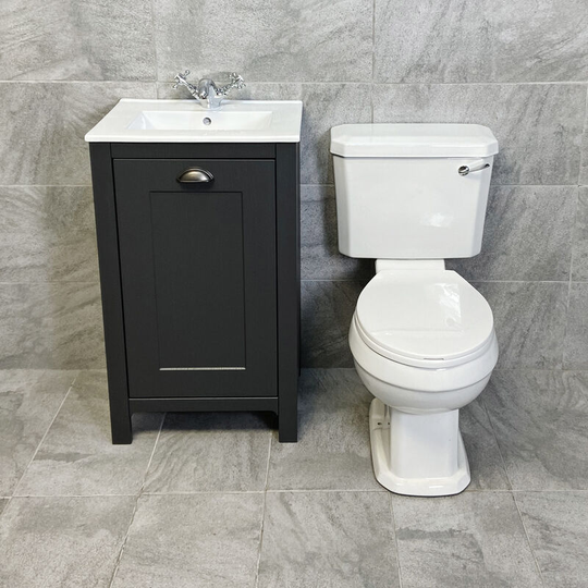 Hydros - Derby Traditional Dark Grey Vanity Unit + Carlton Toilet Set Cloakroom Suite, White Seat-No Tap & Waste-Chrome Flush