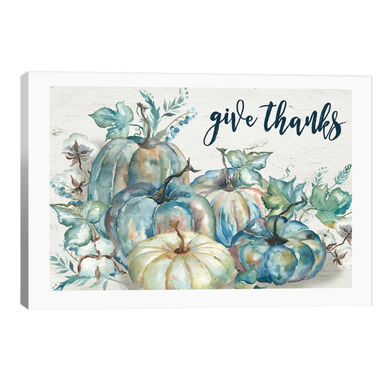 'Blue Watercolour Harvest Pumpkin Give Thanks I' Painting on Wrapped Canvas