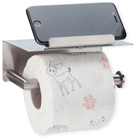 Relaxdays Toilet Paper Holder with Shelf, 430 Brushed Stainless Steel, Wall Mounting, Phone Shelf, 6x16x10.5 cm, Silver