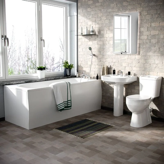 Neshome - Kentucky 3-Piece Bath Suite Toilet (Eco-Toilet), Pedestal Basin, 1700 Bath, v Tap Set and Front Panel (Free Bath & Basin Waste)