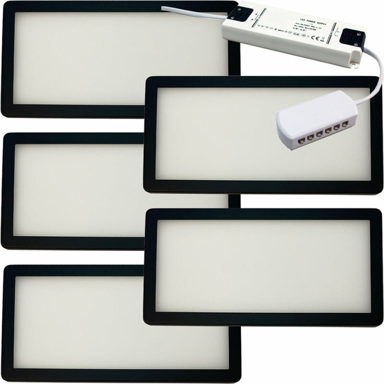 Loops - 5x matt black Ultra-Slim Rectangle Under Cabinet Kitchen Light & Driver Kit - Warm White Diffused led