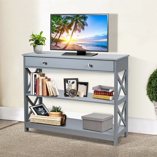 2/3-Tier Console Table, X-Design Wooden Side End Table With A Drawer/Shelves, Narrow Sofa Table Hall Desk For Living Room Bedroom Entryway (Grey, 3 Ti