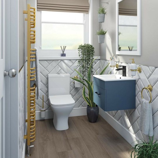 Orchard Lea ocean blue wall hung vanity unit with black handle 420mm and Derwent square close coupled toilet suite - Blue