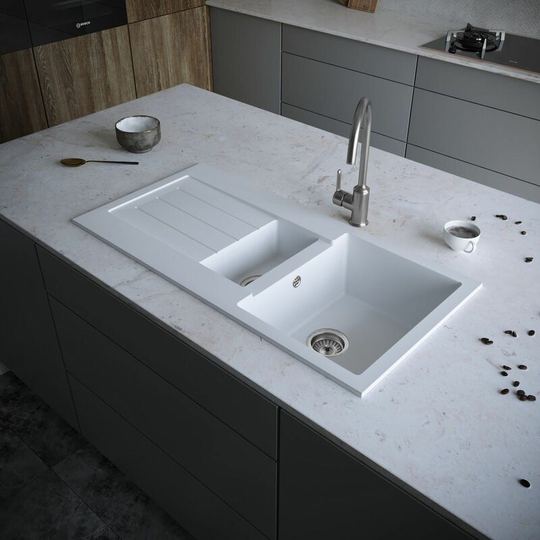 Sauber - Kitchen Sink 1.5 Bowl 1000x500mm Matt White Drainer Composite Inset Waste - White