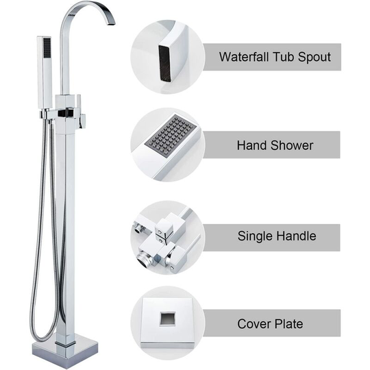 Free Standing Bathtub Tap Suguword Brass Bathroom Chrome Tub Tap with Handheld Shower,360° Swivel Filler Spout, Single Knob Floor Mounted