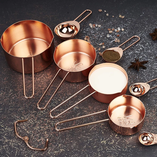 Copper Stainless Steel Engraved Measuring Cups & Spoons - Non-Stick Dry & Liquid Ingredients