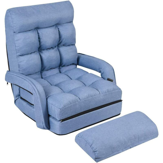 Adjustable Folding Lazy Sofa Bed with Armrests and Pillow, Convertible Floor Armchair Sofa Seat for Home Office, Easy-to-Clean (Blue) - Costway