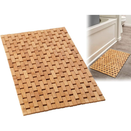 Natural Bamboo Wood Bath Mat - Bathroom Sauna Spa Bathtub Kitchen Accessories - Boho Bathmat Rug (24 x 16 Inch)
