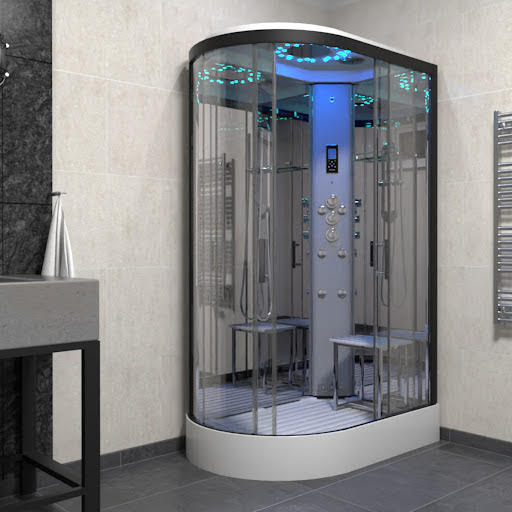 Insignia Platinum Offset Quadrant Steam Shower Cabin 1100 x 700mm - Black Frame Right Hand