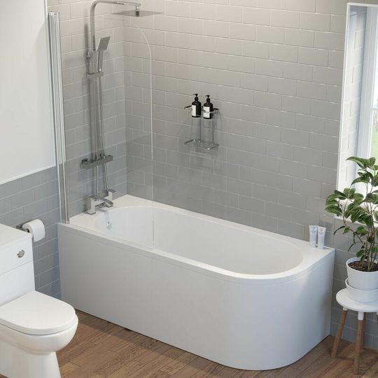 Affine - Bathroom 1700mm j Shape Left Hand Bath Shower Screen Front Panel Corner Bathtub - White
