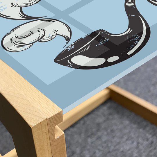 Vintage Nautical Tattoo Coffee Table, Grunge Old Seaman Sailing Nautical Themed Illustration, Acrylic Glass Center Table With Wooden Frame For Offices