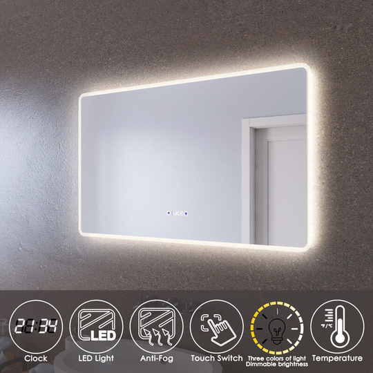 Elegant - Clock Temperature Display Mirror Three Colors Mode Illuminated Bathroom Mirror 1000x600mm Mirror with Dual Sensor