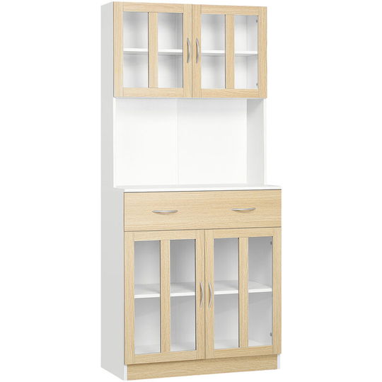 1.8m Kitchen Cupboard,Storage Cabinet, Framed Glass Doors with Shelves - Natural wood finish - Homcom