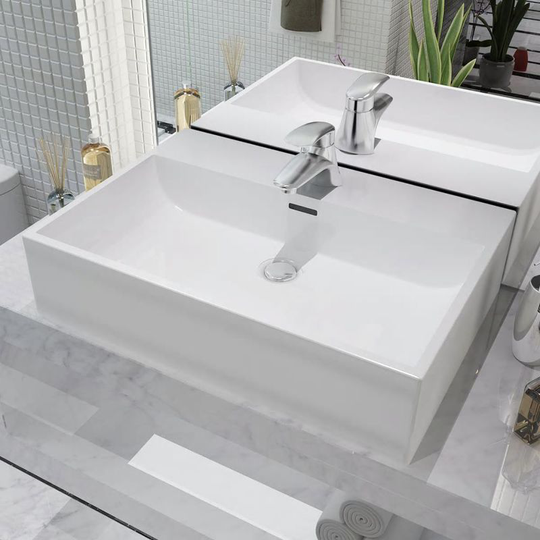 Basin with Faucet Hole Ceramic White 60.5x42.5x14.5 cm VD04471 - Hommoo