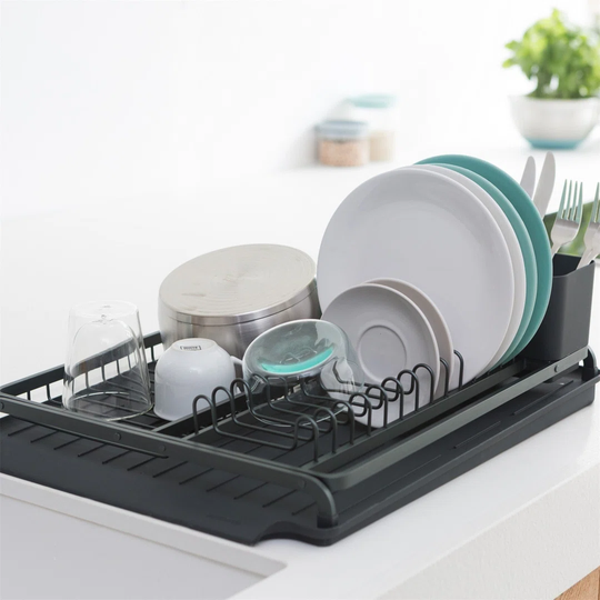 Dish Drying Draining Rack (Large / Dark Grey) Easy-Clean Silicone Drip Tray & Removable Cutlery Basket, Corrosion-Resistant Aluminium Rack