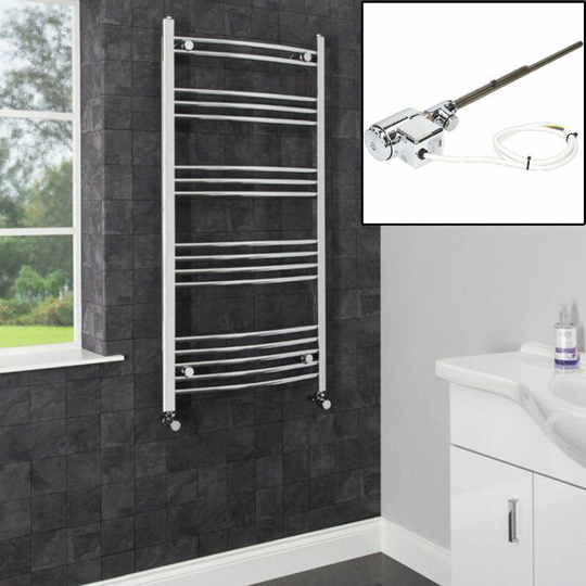 Duratherm - Dual Fuel Heated Towel Rail Chrome Designer Curved Thermostat Electric 1200x600 - Silver