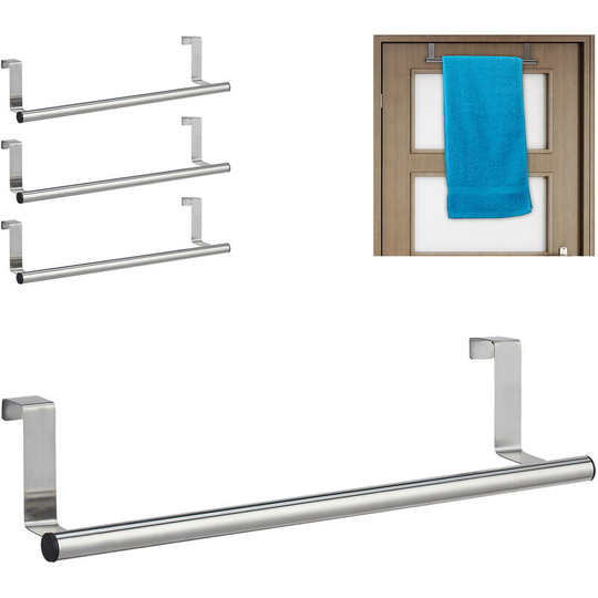 Set of 4 Towel Holders for Doors & Closet, Hanging, Stainless Steel, Rail, Kitchen & Bathroom, Silver - Relaxdays