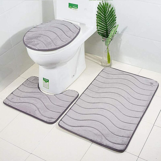 New Anti-Slip Bath Mats,3 Piece Bathroom Mats Contour Bathroom Mat Set Carpet Toilet WC(Grey)