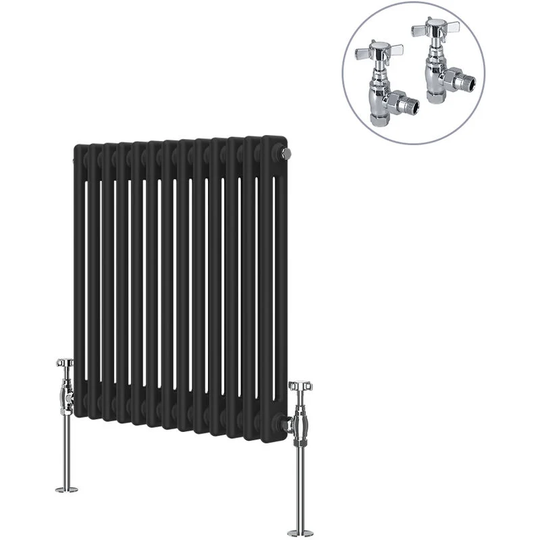 Black Traditional Cast Iron Style Radiator with Chrome Angled Cross Head Manual Valves Horizontal 2 Column 600x605mm