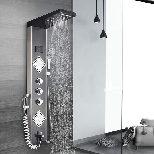Shower Panel Tower led Shower System with 6 Functions, Unique Powerful hydromassage and Bidet Tap Shower Tower Wall Mounted Black and Brushed Nickel