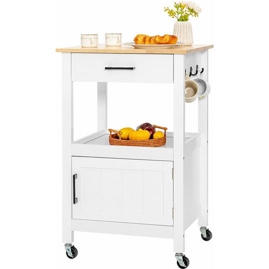Kitchen Storage Trolley, Kitchen Island on Wheels with Rubber Wood Top, 3 Hooks and Door Cabinet, Rolling Serving Storage Cart, 56 x 46 x 89cm
