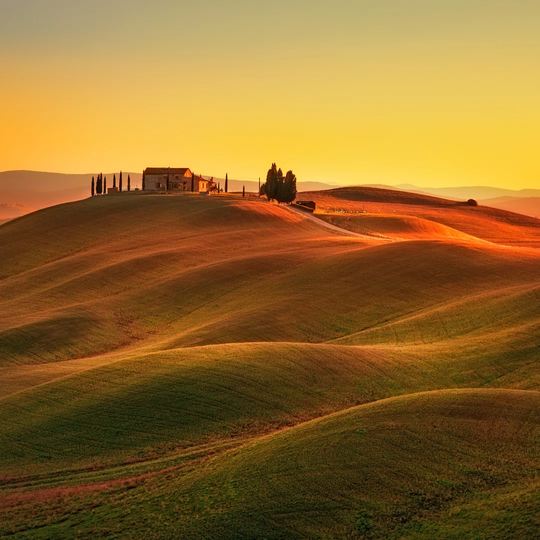 Tuscany, Sunset Rural Landscape Rolling Hills, Countryside Farm - Wrapped Canvas Photograph