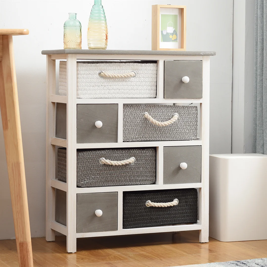 Englert Chest Of Drawers Cabinet 4 Wooden Drawers And 4 Wicker Baskets White Grey Black Vintage Shabby Bedroom - 68,5 X 56 X 29 Cm (H X W X D) - Art.
