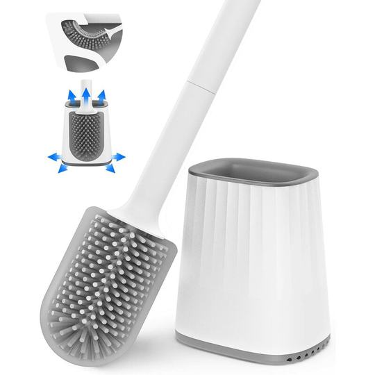 Wc brush, silicone toilet brush assembly with wall mount and floor mount, double-sided cleaning brush head, long sleeve and white container