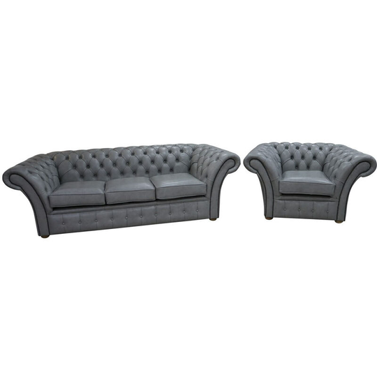 Chesterfield Balmoral 3 Seater + Armchair Sofa Settee Stella Dove Grey Leather