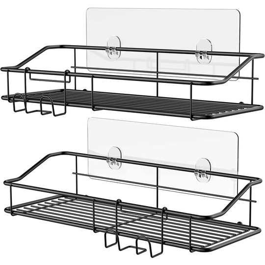 Shower shelf without Drilling, bathroom shelves with c、304 Stainless Steel Hooks and Adhesive,for Toilets, Kitchen - Pack 2 (Black)
